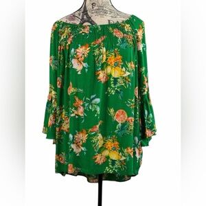 Cato Green Floral Boho Chic Off-Shoulder Tunic with Citrus Print Size L